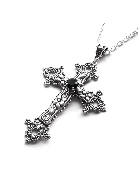 Large Detailed Cross Drill Pendant Necklace Silver Color Tone Gothic Punk