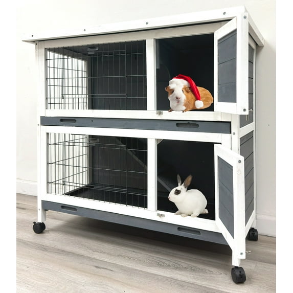 Large Dexlue Full Two Story Deluxe In/Outdoor Guinea Pig Cage Rabbit Wooden Hutch on Rolling Wheels, House with Ramp and Hideout Room, Small Animals Home with NO Leak and Washable Pull Out Tray