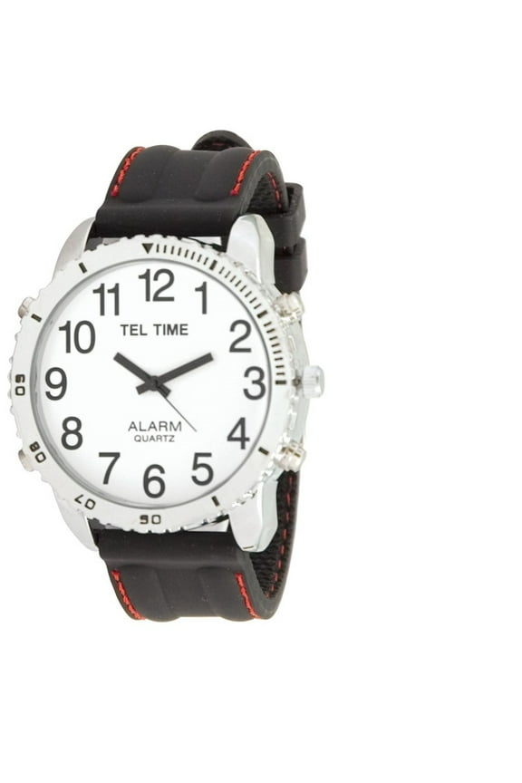 Large Dial Chrome Talking Vibrating Watch with Black Rubber Band
