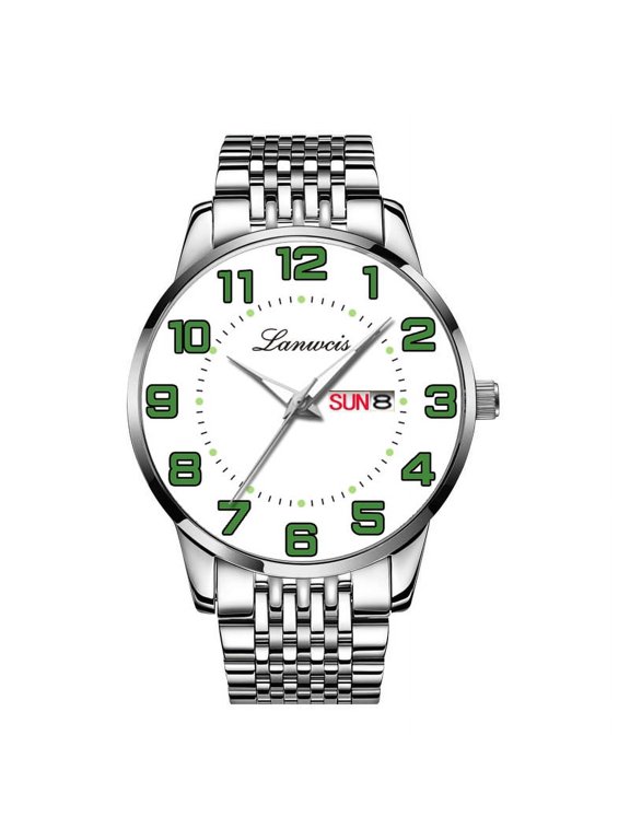 Large Dial Men's Digital Quartz Watch with Solid Strap - Elderly Wristwatch, Steel Band, Chinese-English Dual Calendar, Waterproof