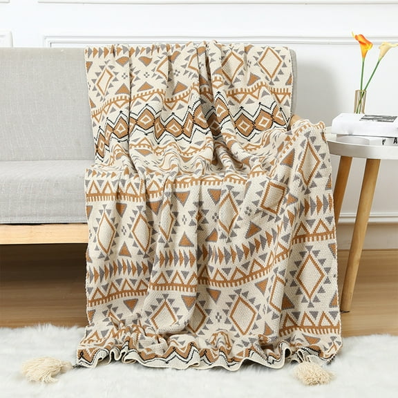 Large Diamond Knit Throw Blanket with Tassels | 110x130cm Acrylic Sofa & Bed Blanket | 1-Piece Decorative Blanket for Bed End, Hotel, or Living Room