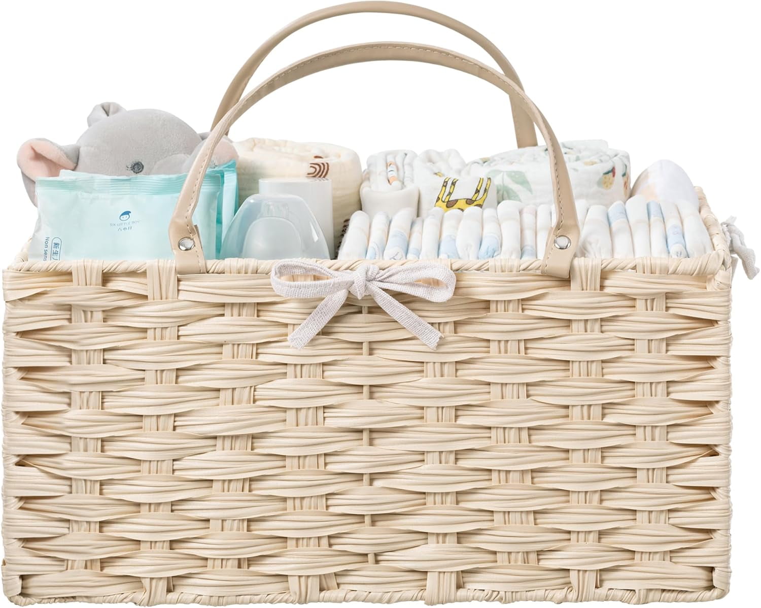 Large Diaper Caddy Organizer, Washable Waterproof, Portable Plastic Wicker Woven Basket with Divider, Nursery Diaper Station, Baby Shower Gifts Basket & Car Organizer