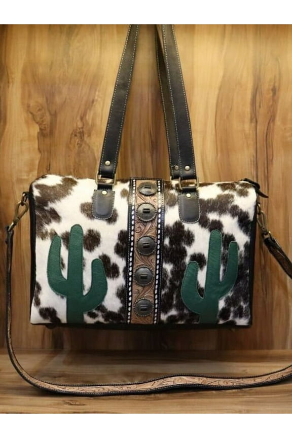 Large Diaper Travel Bag for new mums, Hand Tooled Leather Duffel, Hair On Cowhide Duffel, Leather Weekender Duffel, Leather Duffel