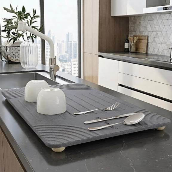 Large Diatomaceous Earth Stone Dish Drying Mat - 24" x 16" Quick Dry Non-Slip  Fast Absorbent Quartz-Enhanced Rapid Water Absorbing Countertop Mat For Dish Rack