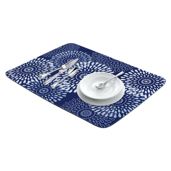 Large Diatomaceous Stone Dish Drying Mat, Floral Quick Dry Dish Drying Mats for Kitchen Counter, Dishes, Cups, and Utensils Blue 19.7*15.7 inch