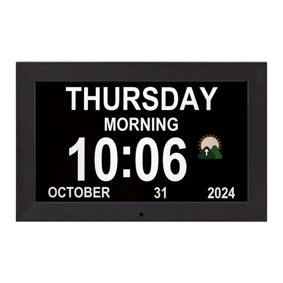 Large Digital Alarm Clock for Elderly & Visually Impaired - Auto-Dimmable, Loud Alarms, 18 Languages, Medication Reminder & Photo Frame/SD, 36V Low-Voltage, Alzheimer’s Gift