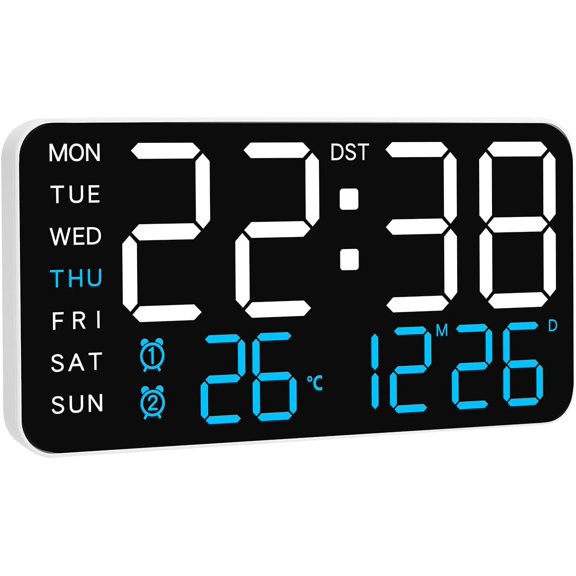 Large Digital Alarm Clock for Bedroom & Home - with Temperature, Date and Weekday Display, Adjustable Brightness Volume, Dual Use Desk or Wall Mount