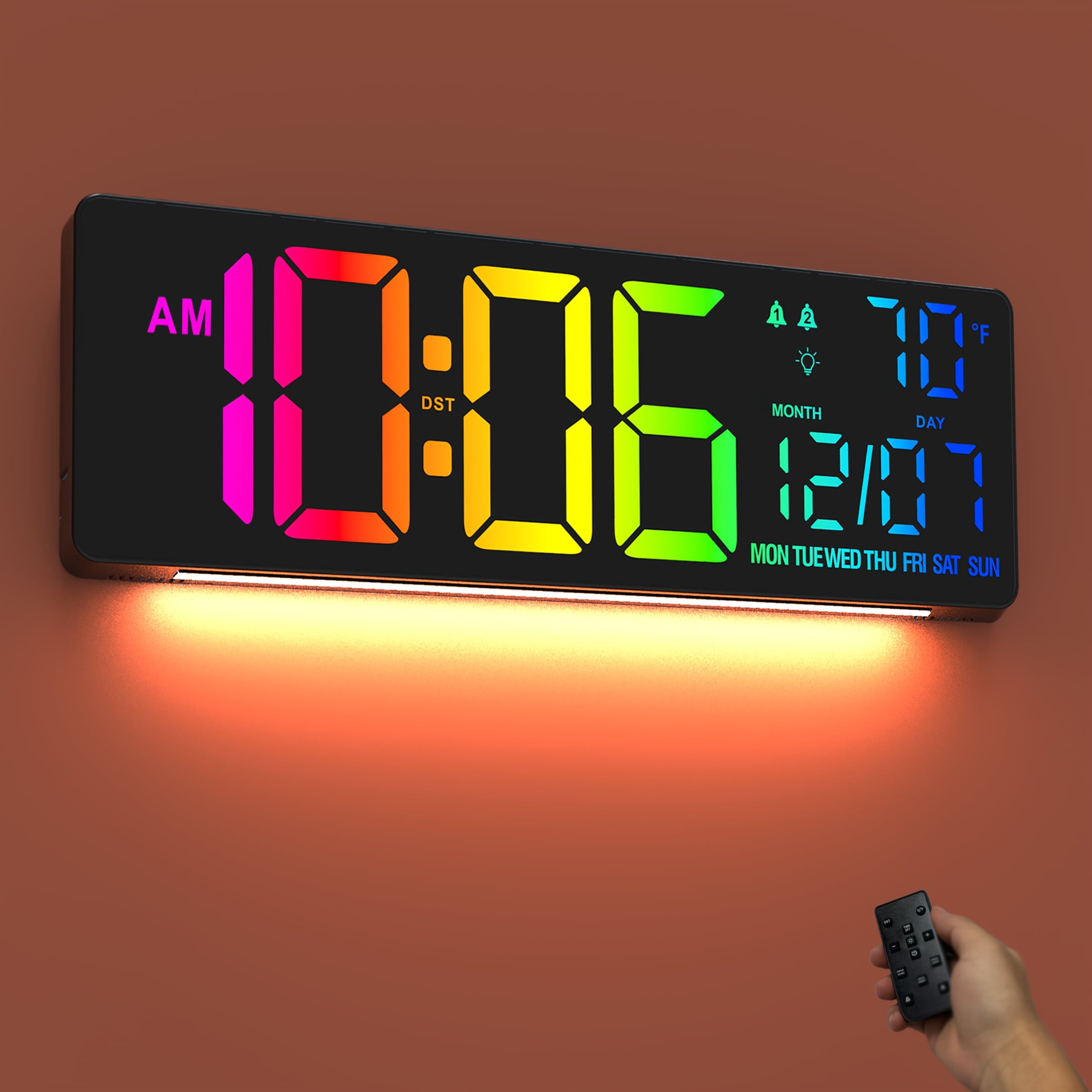 Large Digital Alarm Wall Clock with Remote, Calendar, Temp/Humidity, Timer, 11 RGB Colors for Bedroom, Office, Gift