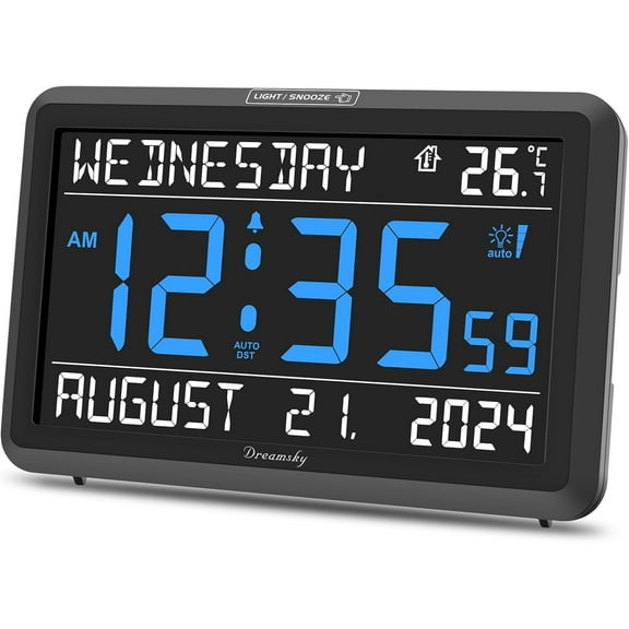 Large Digital Clock with Date and Day of Week - Electric Desk for Seniors Elderly, Bedroom Alarm Battery Backup, Dimmer, USB Port, Auto DST, Temperature, Adjustable Volume