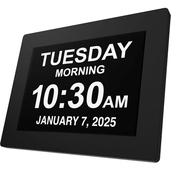 Large Digital Clock for Seniors, Black, 8 inch, with Day & Date, Customizable Alarms, Auto-Dimming, Multi-Language Support,  Backup, Easy Setup, and  Option