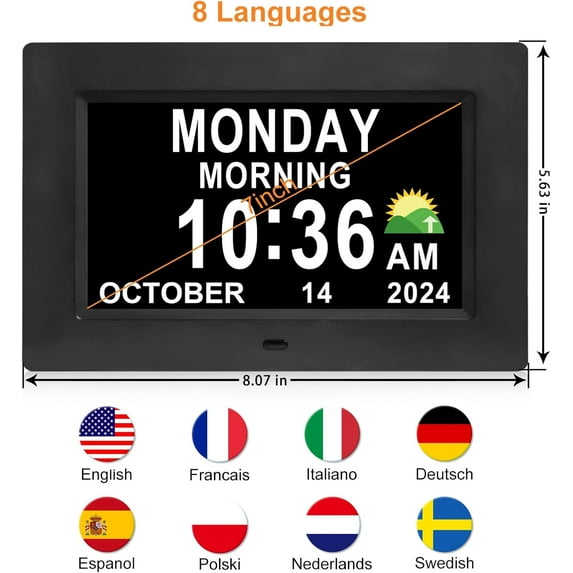 Large Digital Clock with Day and Date for Seniors - 15 Alarms 5 Colors Display 7in Black