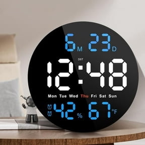 Large Digital Wall Clock with Blue LED Display, Electric Plug-in Round Wall Clock with Indoor Temperature, Date, Day of Week, Auto DST, 5-Level Dimmer for Bedroom, Office, Classroom, Living Room