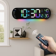 Large Digital Wall Clock with Dual Alarms and 10-Level Automatic Brightness Adjustment Remote Control to Easily Set The Wall Clocks, 13  Colorful Wall LED Clock for Bedroom, Living Room Decor