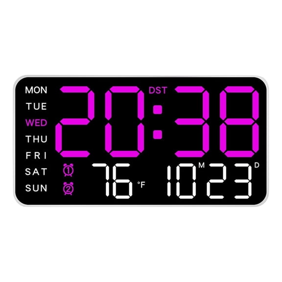 Large Digital Wall Clock, LED Alarm Clock with Temperature Display, Day and Night Purple Desktop Decor, Modern Home Office Bedroom Clock, USB Powered Silent Non-Ticking Design