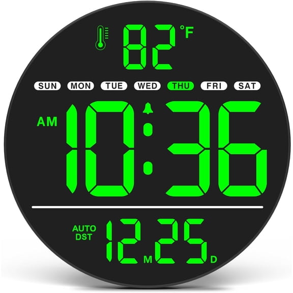 Large Digital Wall Clock with LED Display, Electric Wall Clock with Temperature, Auto DST, Date, and Day, 5-Level Brightness for Office, Bedroom, Living Room, Classroom Décor