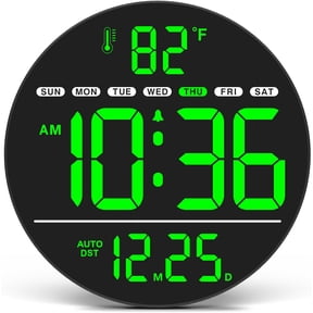 Large Digital Wall Clock with LED Display, Electric Wall Clock with Temperature, Auto DST, Date, and Day, 5-Level Brightness for Office, Bedroom, Living Room, Classroom Décor Green
