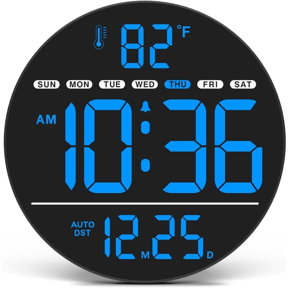 Large Digital Wall Clock with LED Display, Electric Wall Clock with Temperature, Auto DST, Date, and Day, 5-Level Brightness for Office, Bedroom, Living Room, Classroom Décor