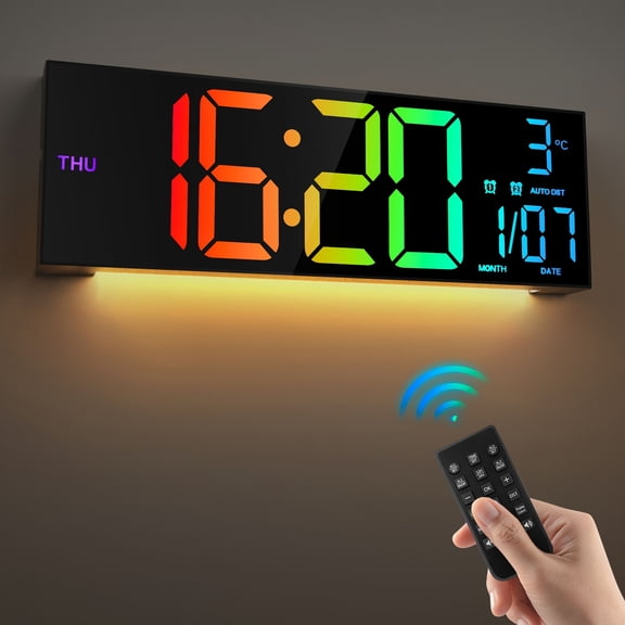 Large Digital Wall Clock with Remote, 16.5'' LED Display, Dual Alarms, RGB Lights, Auto Brightness/Dimming, Date/Temp/Timer, DST & Ambient Light Sensor for Home Office Decor