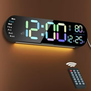 Large Digital Wall Clock with Remote Control 13.7 , Auto Brightness, 9 RGB Ambient Light, Dual Alarm Clock&Timer, 12/24H Mode, Temperature for Bedroom, Wall Decor Gift for Elder, Black