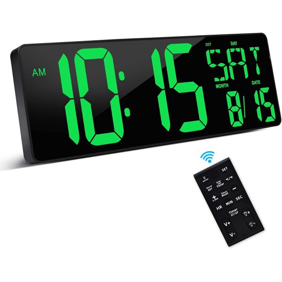 Large Digital Wall Clock with Remote Control, 16.5 Inch LED Display, Count Up & Down Timer, Adjustable Brightness, Plug-in Clock with Day/Date/Temperature for , Gym, Classroom
