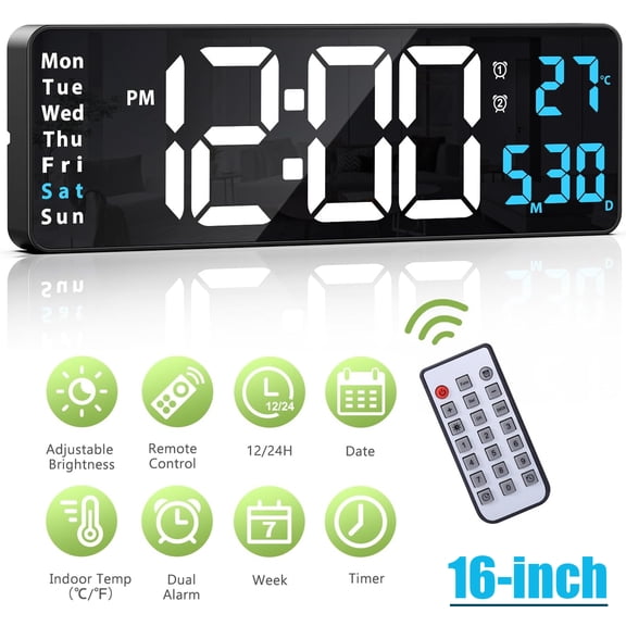 Large Digital Wall Clock with Remote Control, 16.5 Inch LED Large Display Count Up & Down Timer, Adjustable Brightness Alarm Clock with Day/Date/Temperature for Home, Gym, Office and Seniors