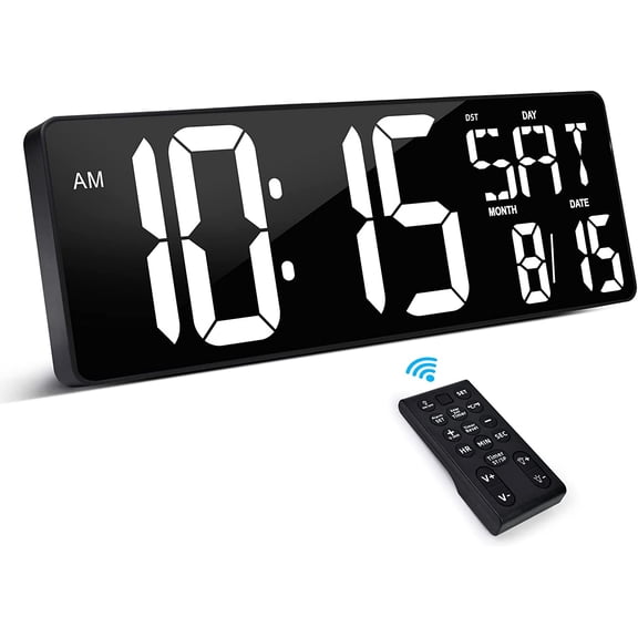 Large Digital Wall Clock with Remote Control, 17.2 Inch LED Large Display Count Up & Down Timer, Adjustable Brightness Plug-in Alarm Clock with Day/Date/Temperature for Living Room, Office, Gym