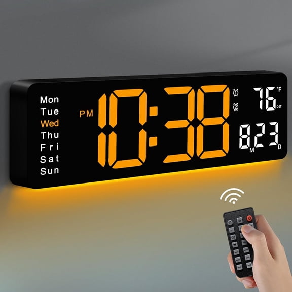 Large Digital Wall Clock with Remote Control, RGB Atmosphere Lights with 11 Scenes Mode, Dual Alarms with Big LED Display, Auto DST, Temperature for Classroom Gaming