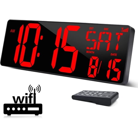 16.5-inch Large WiFi Digital Wall Clock - LED Display, Temp/Date/Week, Remote Control, Auto-dimming for Home & Office