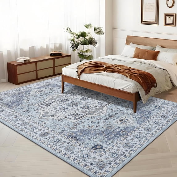 Large Dining Room Rug 10x13 Oriental Medallion Non-Slip Vintage Distressed Stain-Resistant Low Pile Easy to Clean Indoor Blue