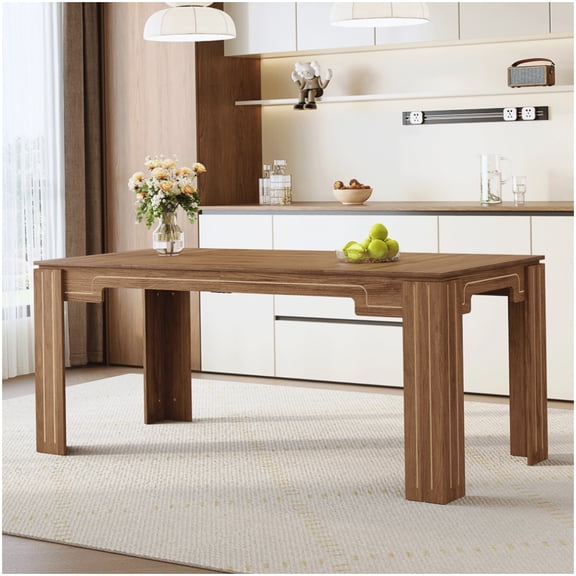 Large Dining Table Set for 6-8, Walnut Wood Grain MDF Table with Vertical Groove Legs, Easy Clean Modern Kitchen Table