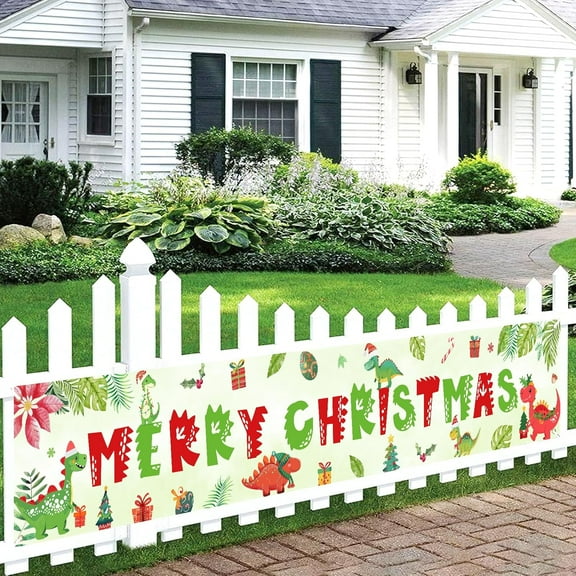 Large Dinosaur Merry Christmas Yard Banner 20 x 120 Inches, Red and Green Dinosaur Printed Hanging Banner for Xmas Winter Holiday Party Outdoor Yard Garden Lawn Decorations Supplies