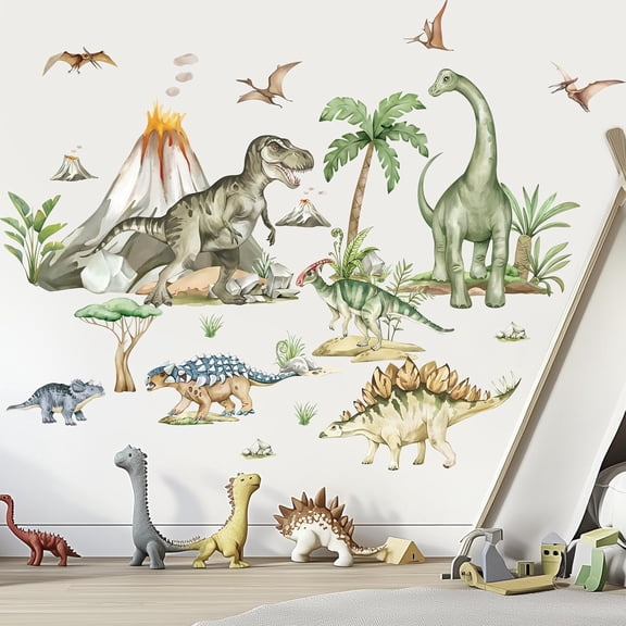 Large Dinosaur Wall Stickers Tropical Animal Dino Volcano Plants Wall Art Decals for Boys Room Baby Nursery Kids Bedroom