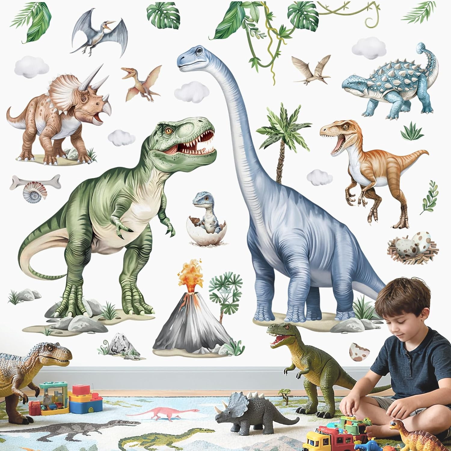 Large Dinosaur Wall Stickers Watercolor Tropical Animals Dino Plants Volcano Wall Art Decals for Boys Room Baby Nursery Kids Bedroom