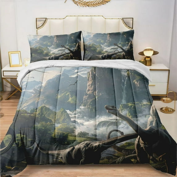 Large Dinosaurs And A River With A Volcano (30) Comforter Set With 2 Pillowcases，3 Pcs Bedding For Adults Comforter Set For Bedroom Bed Decor Queen Size