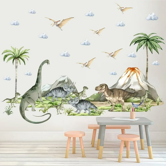 Large Dinosaurs Wall Decals Animal Dino Tropical Palm Tree Wall Stickers Dino Volcano Wall Stickers Boys Bedroom Playroom Baby Nursery Wall Decor