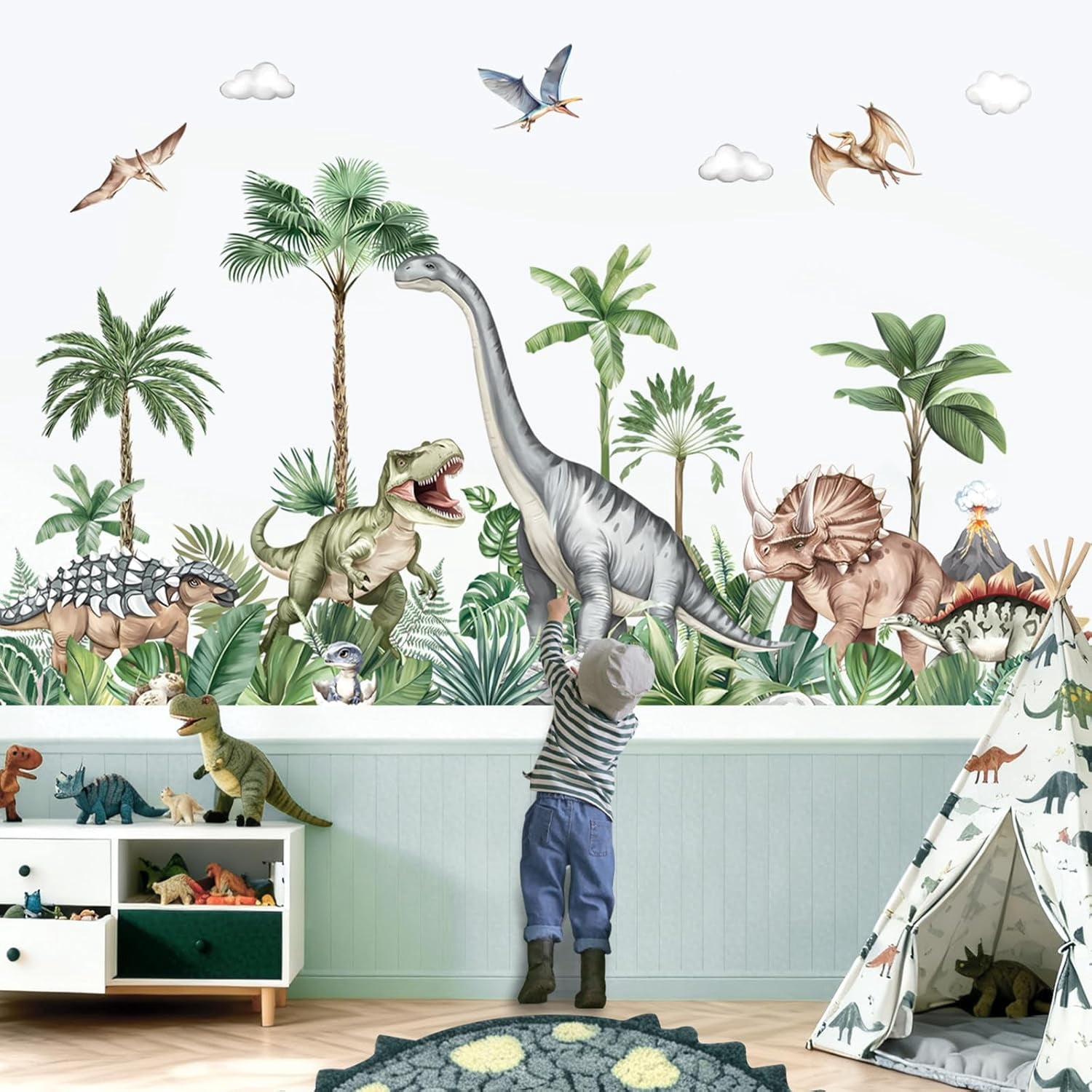 Large Dinosaurs Wall Decals Dino Animal Tropical Palm Tree Wall Stickers Living Room Baby Nursery Kids Room Home Decor(XXL)