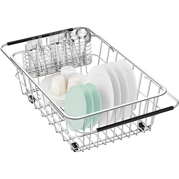 Stainless Steel Dish Drainer Rack Over Sink Adjustable Expandable, 304 Metal Drying Rack Organizer with Utensil Holder, Fits Most Kitchen Sinks, Rustproof, Silver