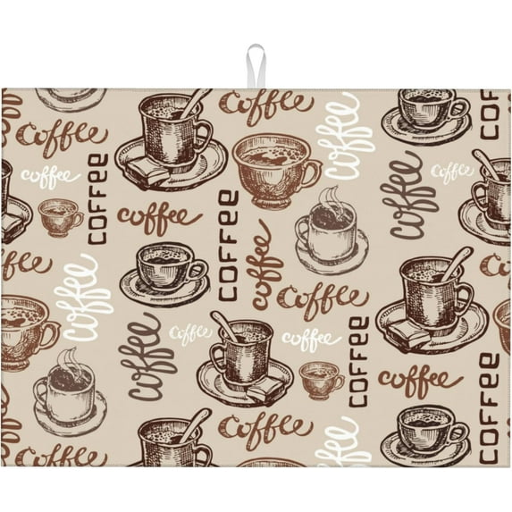 Large Dish Drying Mat for Kitchen Counter,18"X24" Vintage Coffee Theme Patterns Super Absorbent Reversible Microfiber Dish Drying Mat Dish Drainer Mat Drying Pad for Kitchen Countertop Coffee Bar