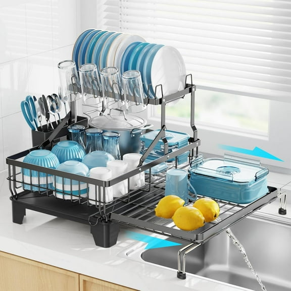 Large Dish Drying Rack 2 Tier Expandable Kitchen Dish Drainer for Pots and Pans 360 Swivel Spout Rust-Resistant Metal Dish Rack with Utensil Cup Holder 16.9 W x 14.4-22.4 L Black