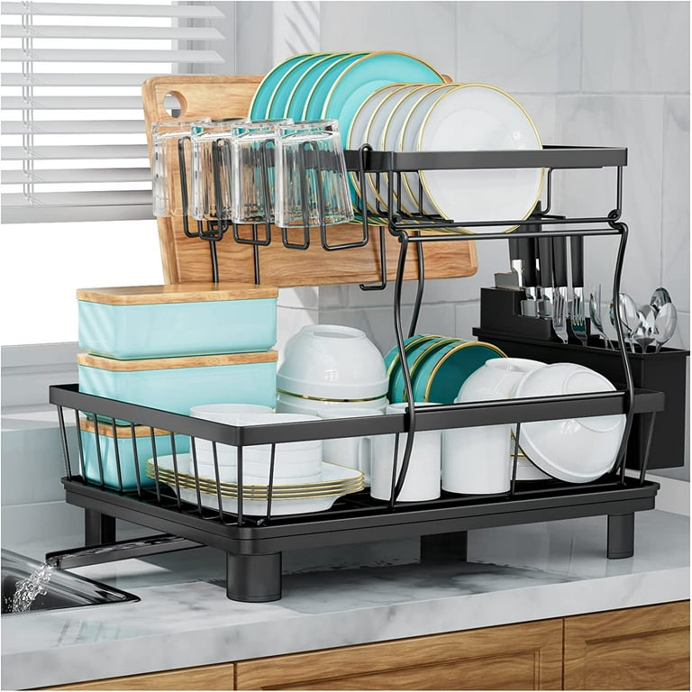 Dish Drying Rack, Detachable 2 Tier Dish Rack and Drainboard Set, Large  Capacity
