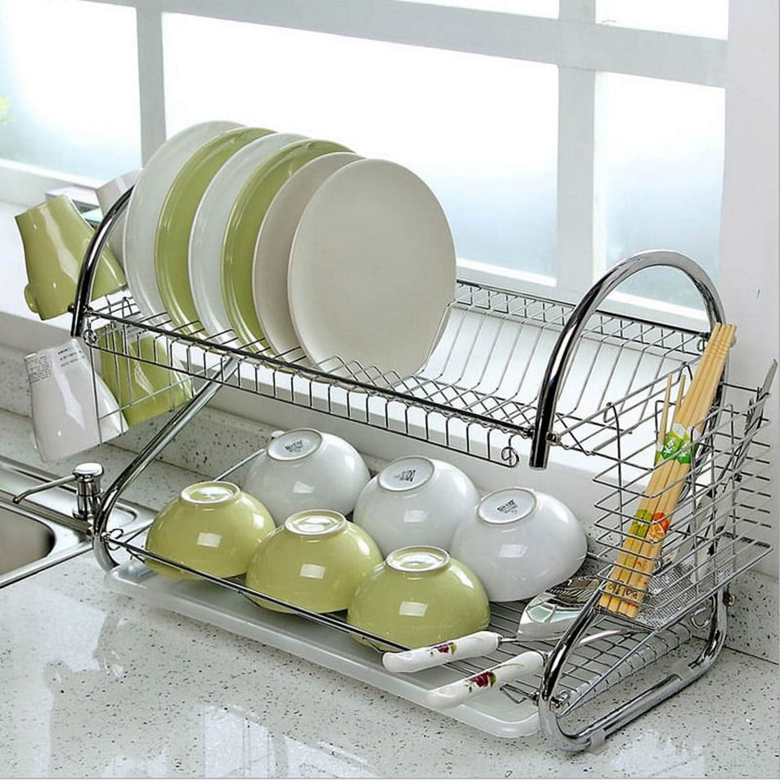 Qienrrae Dish Drying Rack, 2 Tier Large Rack and Drainboard Set with Swivel  Spout, Stainless Steel Drainer for Kitchen Counter Wine Glass Holder