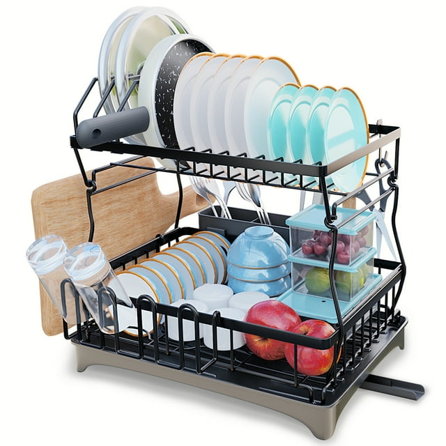 Large Dish Drying Rack with Drainboard, 2 Tier Dish Drainers with Controllable Drainage for