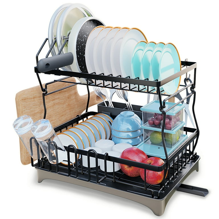 Large Dish Drying Rack with Drainboard, 2 Tier Dish Drainers with  Controllable Drainage for Kitchen Counter, with Pot lid Holder, Utensil  Holder, Cup Holder, Cutting Board Holder and Extra Hooks 