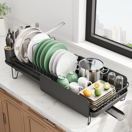 Large Dish Drying Rack - Expandable (19.3" to 29.4") Dish Rack for Kitchen Counter, Stainless Steel Dish Drainer with Utensil Holder, Pan Holder & Pot Lid Holder, Black$$Home Decor, Kitchen, & Other
