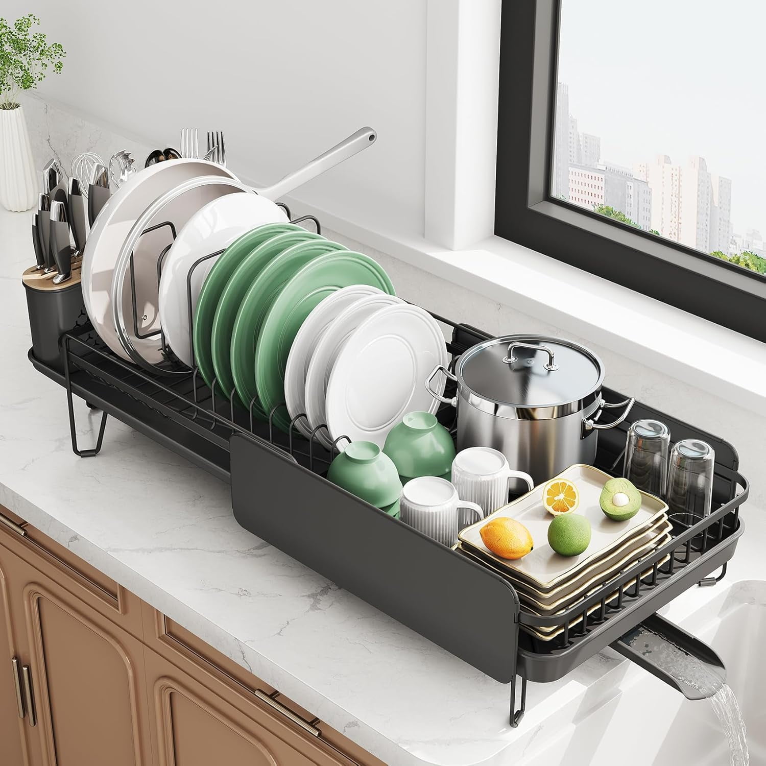 Large Dish Drying Rack - Expandable (19.3" to 29.4") Dish Rack for Kitchen Counter, Stainless Steel Dish Drainer with Utensil Holder, Pan Holder & Pot Lid Holder, Black - Walmart.com