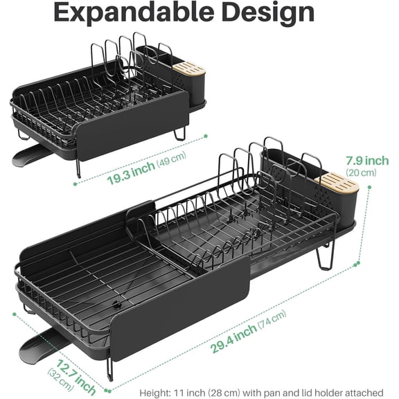 Large Dish Drying Rack - Expandable (19.3" to 29.4") Dish Rack for Kitchen Counter, Stainless Steel Dish Drainer with Utensil Holder, Pan Holder & Pot Lid Holder, Black