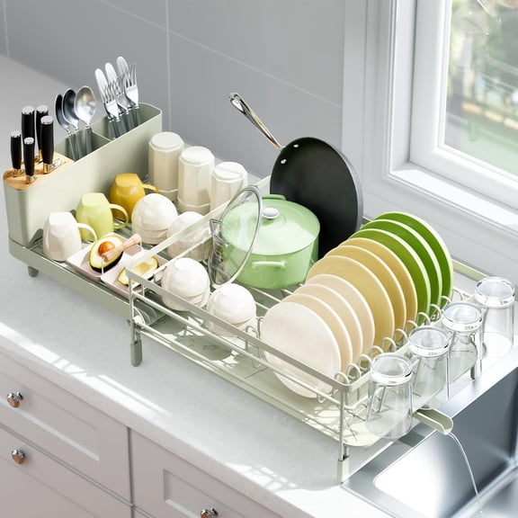 Large Dish Drying Rack, Expandable Dish Racks for Kitchen Counter, Multifunctional Dish Drainer with Utensil Holder & Cup Holder, 18.5"-26.7" L x 12.7" W, Soft Celery Green
