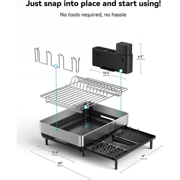 Large Dish Drying Rack, Expandable Dish Racks for Kitchen Counter, Space Saving 304 Stainless Steel Drying Rack Kitchen, Extra Large Drainer with Multifunctional Flip Up Pegs, Black