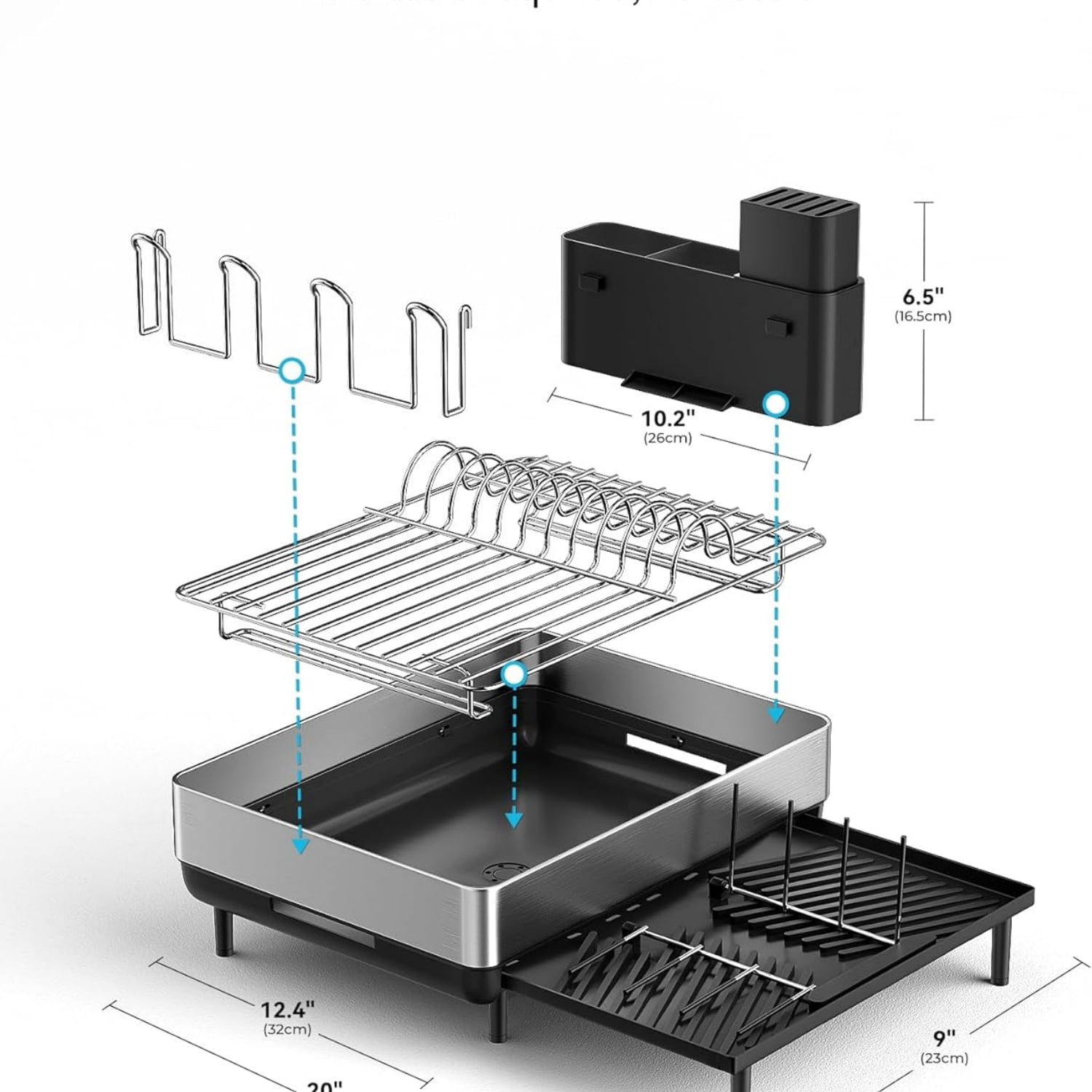 Large Dish Drying Rack, Expandable Dish Racks for Kitchen Counter, Space Saving 304 Stainless Steel Drying Rack Kitchen, Extra Large Drainer with Multifunctional Flip Up Pegs, Black