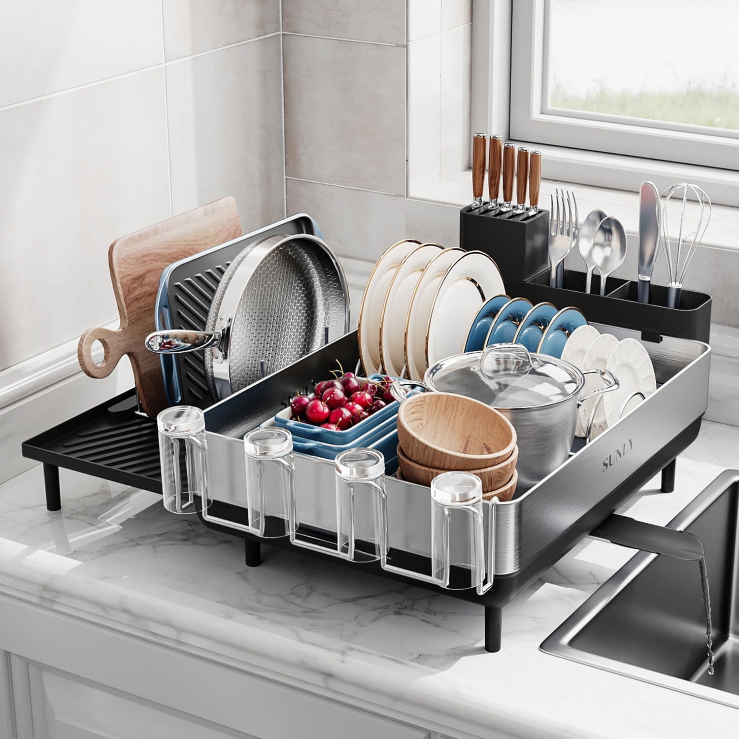 Recipe Display Flip Rack Large Dish Drying Rack, Expandable Racks for Kitchen Counter, Space ...